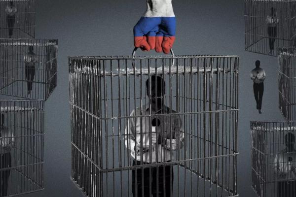Image of caged journalists provided by EUvsDisinfo